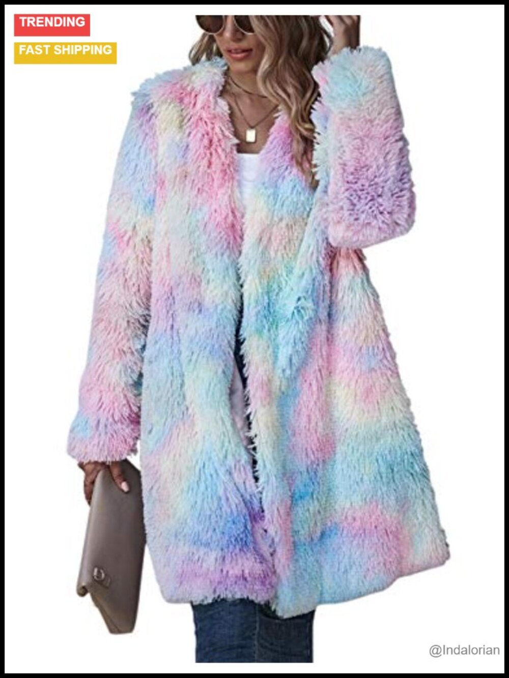 Women's Rainbow Tie Dye Fuzzy Fleece Long Sleeve Faux Fur Teddy Bear Cardigan
